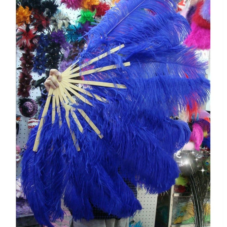 32X18inch80X45cm Large ostrich Feather Fan,Burlesque Dance ostrich feather fan,wedding ostrich feather fan royal blue