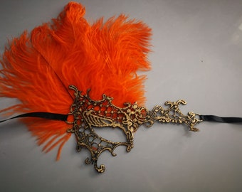 Feather mask Party feather lace Mask feather Masquerade , lace masquerade  orange feather with gold lace mask