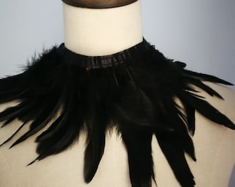 Black Feather Necklace  Coque feathers shrug Burlesque Goth Collar feather collar / Steampunk high collar/ Burlesque fringe collar