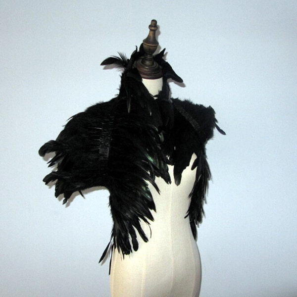B 32inch Long 2 layer Burlesque  Black rooster coque feather Shrug Cape Wraps Shawl with high collar for All Adult
