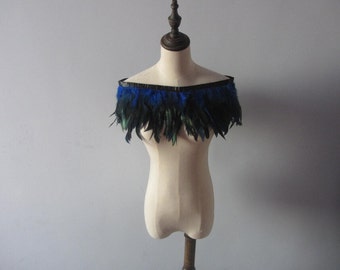 D1  28" long Burlesque  Royal Blue rooster coque feather Collar Shrug Cape