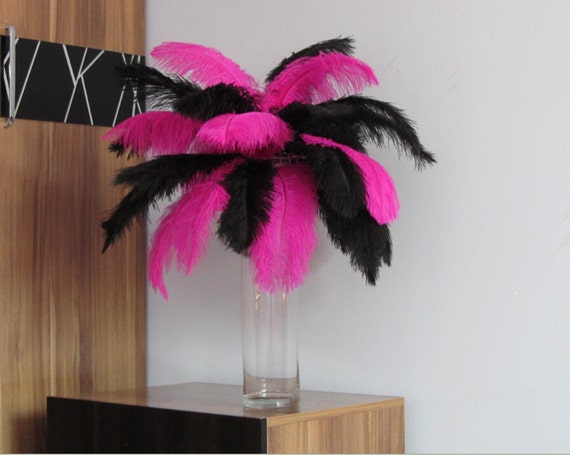 100pcs Hot Pink Black Ostrich Feather Plume for Wedding