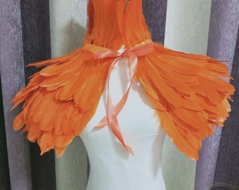 Deluxe Orange Feather Collar or Cape, Fantasy Feather Collar for Events, Costume, Carnival Cosplay