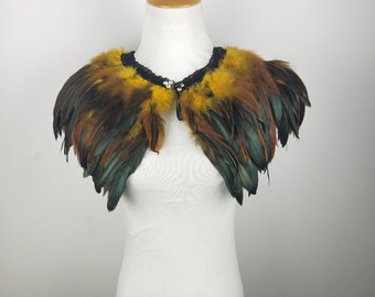 Deluxe Yellow&Black Feather Collar or Cape, Fantasy Feather Collar for Events, Costume, Carnival Cosplay