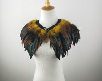 Deluxe Yellow&Black Feather Collar or Cape, Fantasy Feather Collar for Events, Costume, Carnival Cosplay