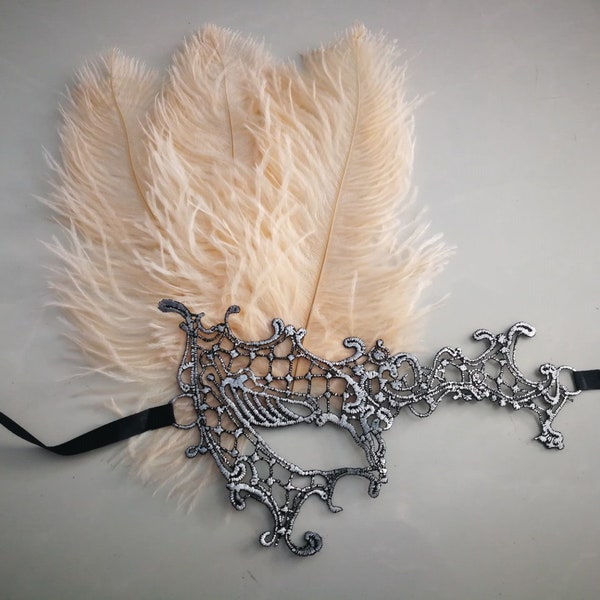 Feather mask Party feather lace Mask feather Masquerade , lace masquerade Champagne feather with silver lace mask