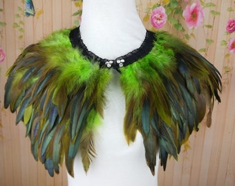 Deluxe lime green&black Feather Collar or Cape, Fantasy Feather Collar for Events, Costume, Carnival Cosplay