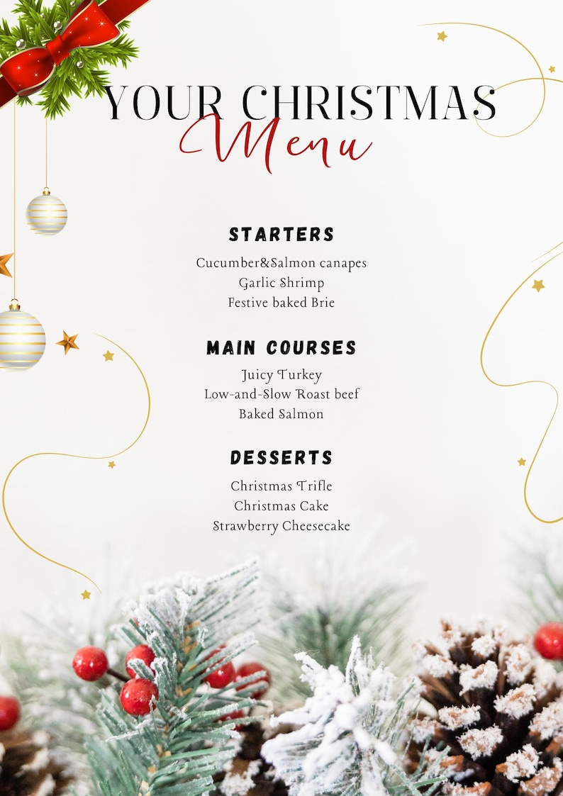 Editable Christmas Menu Template Canva Template for Holiday Dinner ...