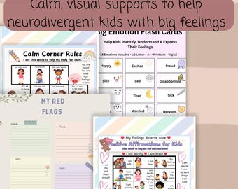 Op de afbeelding: Een bundel met printbare hulpmiddelen voor neurodivergente kinderen, waaronder emotie flashcards, kalme hoekregels, rode vlaggenbladen en positieve affirmaties. Het ontwerp bevat pastelkleuren en kindvriendelijke illustraties.