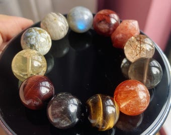 Natural Crystal Bracelet 18mm  Moonstone Rutilated Quartz Tiger Eye Citrine Multi Gemstone Energy protection  healing stone unique gemstone
