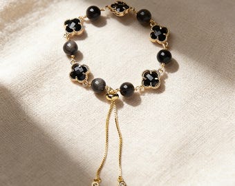 Black Obsidian Silver Sheen Obsidian Bracelet black Clover Lucky Charm Adjustable  Healing Crystal Jewelry crystal Valentine's Gift for Her