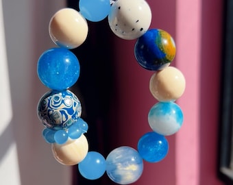 planet style Bracelet 21mm Lacquer Bead (No Chemicals), Natural Cat’s Eye,  Agate, Blue Chalcedony Handmade Cosmic Jewelry  elestial vibe