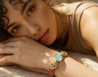 Crystal strap Watch dainty Strap Style Natural Aquamarine Bead dainty strap luxury charm leather strap art deco style blue bracelet charm