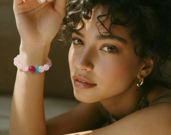 Rose Quartz Pink Rhodonite  Amazonite Beads  13mm Crystal Bracelet Kawaii Pastel Jewelry pastel jewelry friend ship gift handmade bracelet