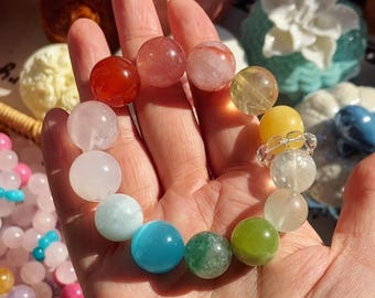 Natural   Moonstone Rutilated Quartz Tiger Eye Citrine 17mm colorful beads Energy for Protection Healing Chakra style pastel bracelet