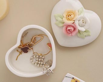 Heart pink rose Ceramic  Box Jewelry Storage keep sake box jewelry storage desk decor hand made home floral decor heart box gift for her