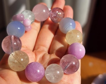 Natural Crystal Bracelet 16mm Moonstone  Fluorite Rose Quartz Amethyst  Healing Energy spiritual energy  healing bracelet pastel colors