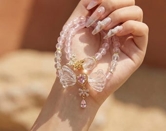 Double Layer Rose Quartz Bracelet with Butterfly & Heart Charm – Pink Crystal Jewelry – Coquette Princesscore Gift