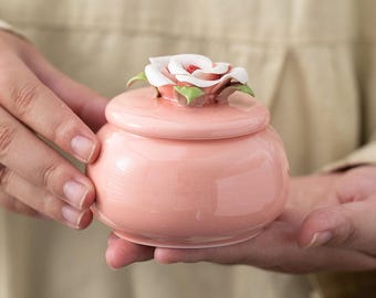 Handmade Ceramic Bracelet Storage Jar – Pink Rose Jewelry Box, Vintage Floral Trinket Container