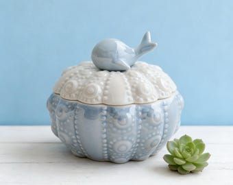 trinket light blue Ceramic Dolphin Jewelry Box,Ring Dish Hand-Painted Sea Urchin Trinket Box Coastal Home Decor, Nautical Beach Gift for Her