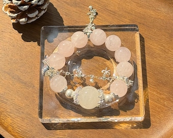 Pulsera de cristal de atracción amorosa, cuarzo rosa, pulsera de cristal de cuarzo transparente, cuentas grandes, dije de mariposa plateada, curación para el amor y la curación
