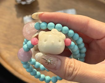 Double Layer Turquoise Rose Quartz Lepidolite Citrine Agate Hello Kitty Bodhi Charm, Stackable blue Bracelet for Women, Gift For Her