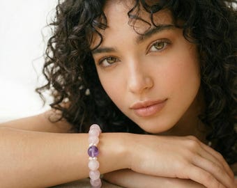 Natural Crystal Beaded  dainty bracelet Freshwater Pearls 17mm Rose Quartz Amethyst bracelet Handmade Pink quartz minimalist Gift for Her