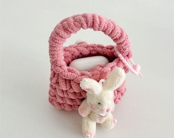 Bunny pouch Handwoven Pink Plush Bag Handmade Kawaii Knit Purse with Bunny Charm Coquette Soft Girl Aesthetic Plush bag kawaii pouch