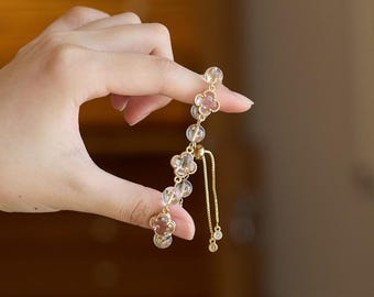 Natural Clear Quartz  transparent Clover Lucky Charm Adjustable Wealth Healing Crystal Jewelry crystal stacking Valentine's Gift for Her