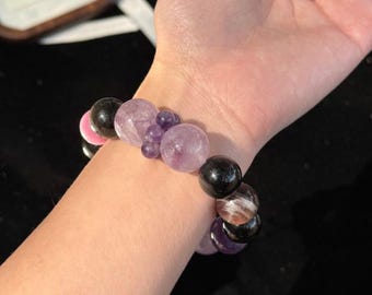 Bolivian & Uruguayan Amethyst Bracelet | Kunzite Lepidolite Rose Quartz Obsidian Crystal Beaded Bracelet for Protection Love Healing