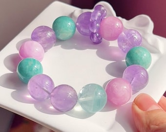 Pulsera de cristal de amatista kunzita natural / Piedra preciosa multicapa pastel de 16 mm / Amuleto de amatista tallada, regalo de amor y sanación