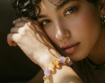 Natural Yellow Rutilated Quartz Jewelry | 16mm yellow Rutilated Quartz & Amethyst Bracelet | Handmade Gemstone  | birthday Gift for Her