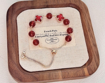 Natural Red Agate Bracelet Red Agate Clover Lucky Charm Adjustable Wealth Healing Crystal Jewelry crystal stacking Valentine's Gift for Her