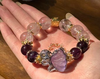 Uruguayan Amethyst Kunzite Crystal Bracelet Silver Dragon, Kunzite Butterfly Wing, Gold Square Jewelry for Wisdom, Love & Emotional Healing