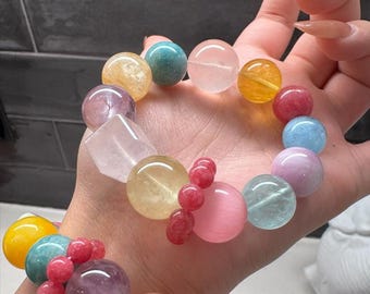 Pulsera Kawaii Multi Gemstone de 16 mm: Pulsera de cristal hecha a mano para mujer