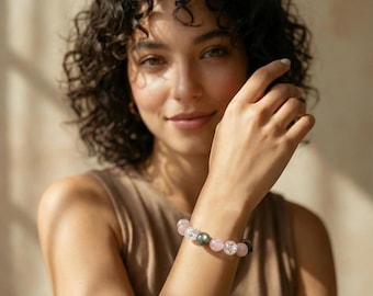 Natural Grey Moonstone  Rose Quartz Bracelet 15mm White Agate, Clear Quartz, Pastel Crystal Healing Bracelet – Intuition & Heart Chakra Gift