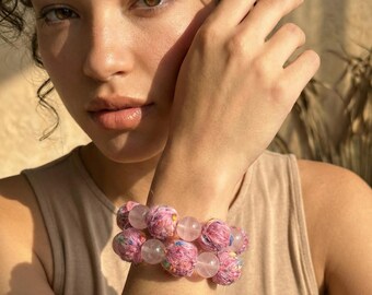 Rose Quartz Bracelet Handmade Yarn Beads pompom for friend ship gift birth day gift giftforwomen