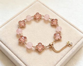 Natural Rose Quartz Bracelet  Rose Quartz Clover Lucky Charm Adjustable Wealth Healing Crystal Jewelry crystal stacking Gift for Her