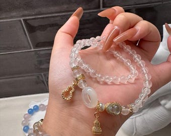 Clear Quartz Double Bracelet Necklace  Natural Crystal Jewelry Lucky Gourd Charm for Wealth,Energy Cleansing dainty bracelet hand made women
