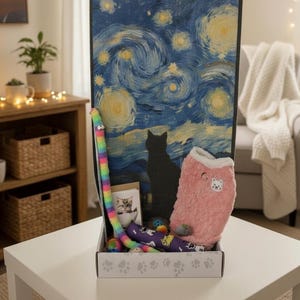 May include: A cat-themed gift box on a white table. The box contains a plush pink cat bed, cat toys, and a framed photo of a cat. The box has a backdrop of Van Gogh's "Starry Night" painting with a cat silhouette.