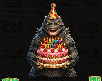 Divertido Godzilla Cumpleaños PNG Kaiju Monster Clipart Descarga digital Decoración de fiesta Arte imprimible