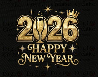 Feliz Año Nuevo 2026 PNG: Diseño dorado con purpurina y champán (descarga digital)