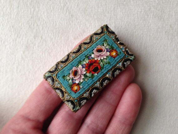 Antique Rectangular Micro Mosaic Floral Brooch / … - image 11