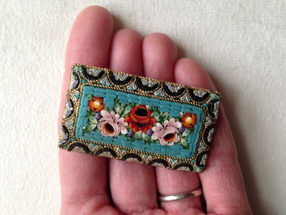 Antique Rectangular Micro Mosaic Floral Brooch / … - image 4