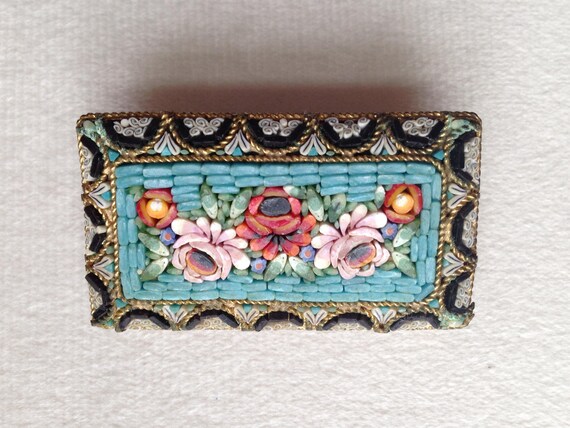 Antique Rectangular Micro Mosaic Floral Brooch / … - image 1