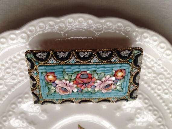 Antique Rectangular Micro Mosaic Floral Brooch / … - image 9