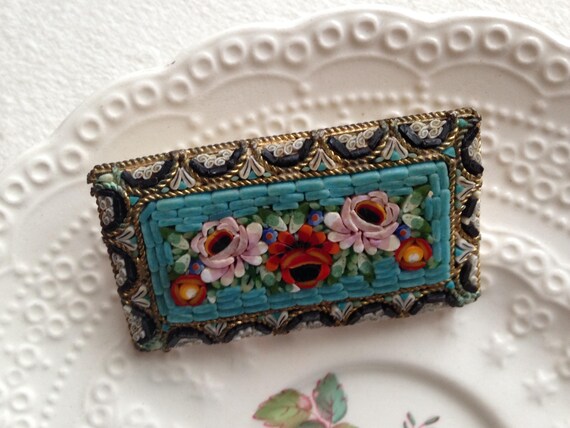 Antique Rectangular Micro Mosaic Floral Brooch / … - image 2