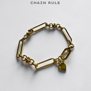 May include: A gold-toned metal bracelet featuring elongated rectangular links alternating with smaller decorative circular links. A small, smooth heart-shaped charm hangs from one of the links. The text CHAIN RULE is printed above the bracelet.