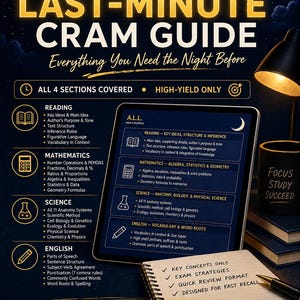 May include: A study guide for the TEAS 7 exam, featuring a tablet displaying study topics and a notepad with key concepts. The guide covers reading, math, science, and English, with a focus on quick review.