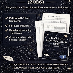 May include: A dark blue book titled "TEAS FULL PRACTICE EXAM (2026)" with a star and a smiling star graphic. The image includes a list of features: Full-Length TEAS Simulation, 54 Pages Included, Detailed Answer Key + Rationales, and Covers Reading, Math, Science, and English.